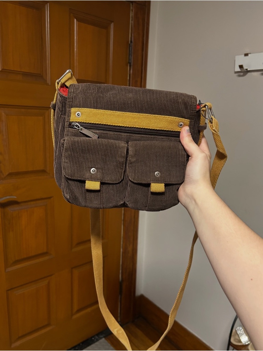 Corduroy Messenger Crossbody Bag in Brown and Mustard